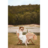 Organza midi dress with sweetheart bust, off-shoulder sleeves, and thigh-high front slit